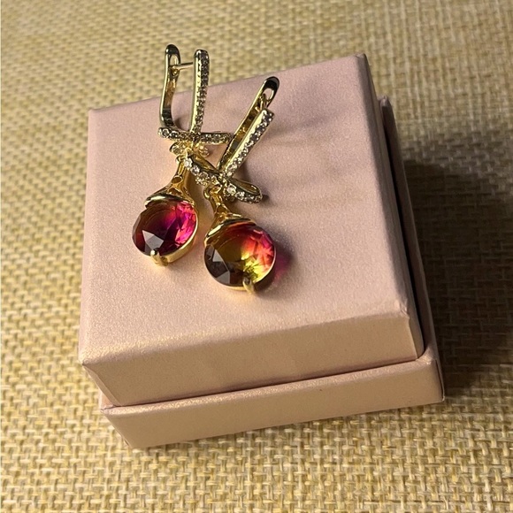 14 K Gold Plated Watermelon Stone Long Drop Earrings - Picture 4 of 5